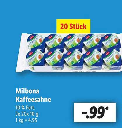Milbona Kaffeesahne 10 % Fett, 20 Stück