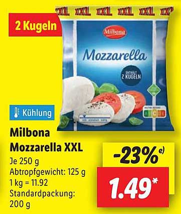 Milbona Mozzarella XXL – 2 Kugeln à 250 g