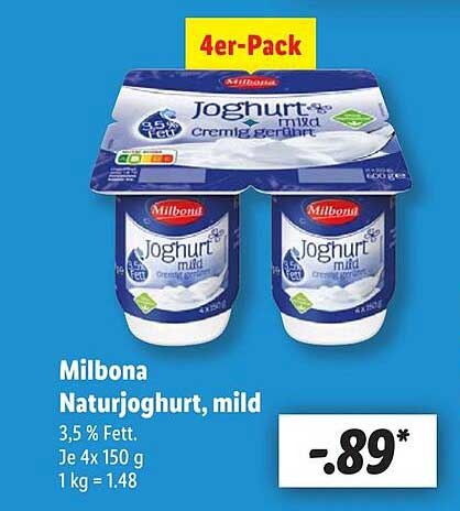 Milbona Naturjoghurt, mild 4-er Pack