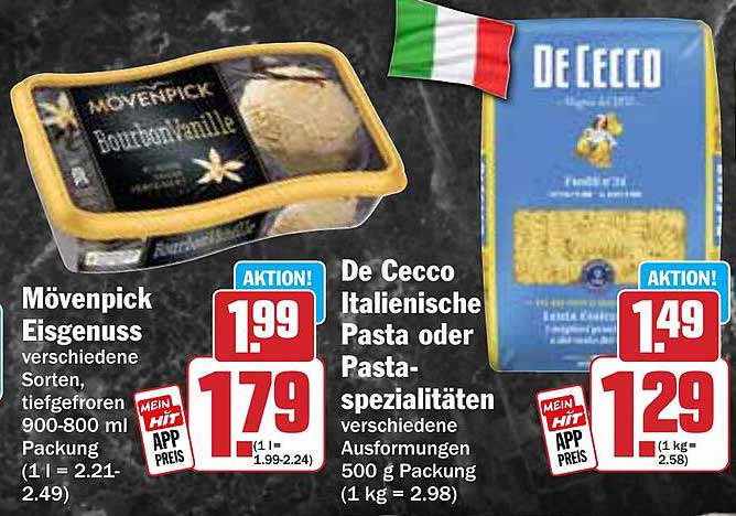 Mövenpick Eisgenuss Bourbon-Vanille 900-800 ml und De Cecco Italienische Pasta 500 g