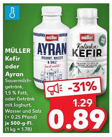 MÜLLER Kefir oder Ayran Sauermilchgetränk, 1,5 % Fett