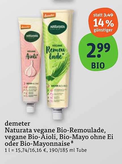 Naturata vegane Bio-Remoulade, vegane Bio-Aioli, Bio-Mayo ohne Ei oder Bio-Mayonnaise