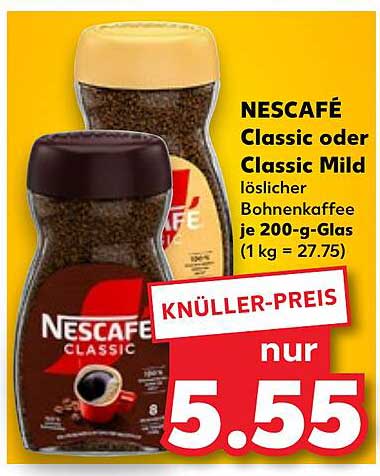NESCAFÉ Classic oder Classic Mild löslicher Bohnenkaffee je 200-g-Glas