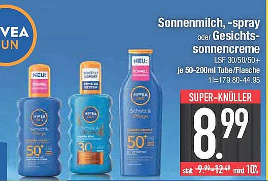 NIVEA Sonnenmilch, -spray oder Gesichts-Sonnencreme LSF 30/50/50+ 50-200ml