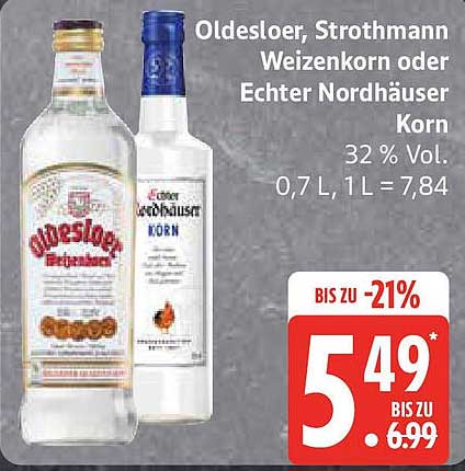 Oldesloer, Strothmann Weizenkorn oder Echter Nordhäuser Korn 0,7 L – 32 % Vol.