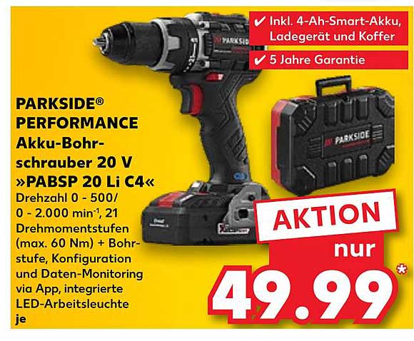 PARKSIDE® PERFORMANCE Akku-Bohrschrauber 20 V »PABSP 20 Li C4«