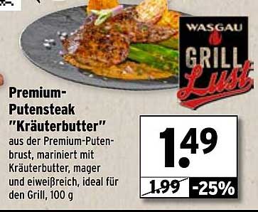 Premium-Putensteak "Kräuterbutter" aus der Premium-Putenbrust, mariniert mit Kräuterbutter, mager und eiweißreich, ideal für den Grill, 100 g