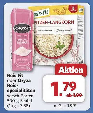 Reis Fit oder Oryza Reis-Spezialitäten 500 g - Aktion!