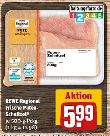 REWE Regional Frische Puten-Schnitzel* je 500-g-Pckg. (1 kg = 11.98)