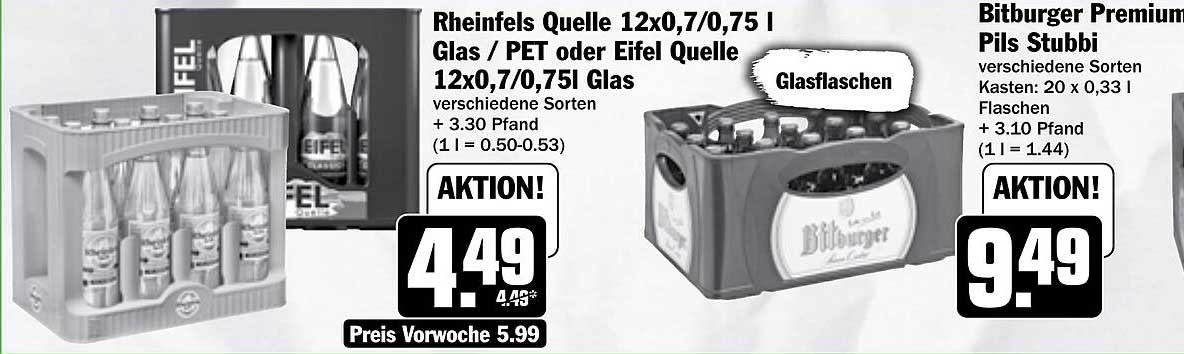 Rheinfels Quelle 12x0,7/0,75 l Glas / PET oder Eifel Quelle 12x0,7/0,75 l Glas und Bitburger Premium Pils Stubbi