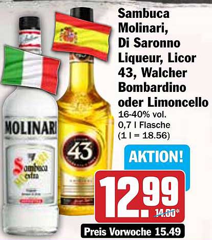 Sambuca Molinari, Di Saronno Liqueur, Licor 43, Walcher Bombardino oder Limoncello