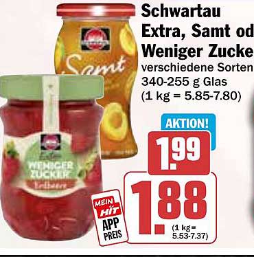 Schwartau Extra, Samt oder Weniger Zucker - 340-255 g Glas