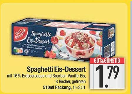 Spaghetti Eis-Dessert mit 16% Erdbeersauce und Bourbon-Vanille-Eis, 3 Becher, gefroren
