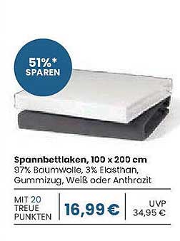 Spannbettlaken, 100 x 200 cm, 97% Baumwolle, 3% Elasthan, Gummizug, Weiß oder Anthrazit