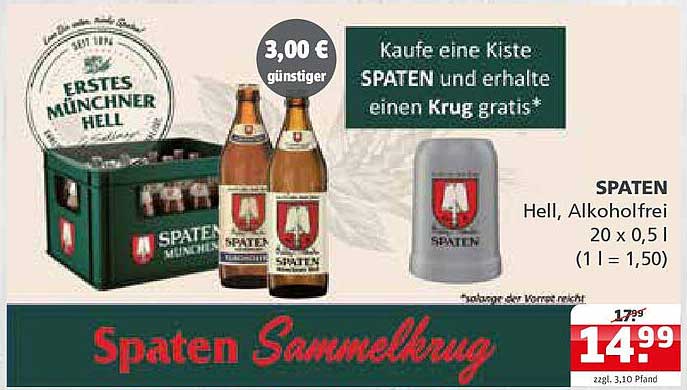 SPATEN Hell Alkoholfrei 20 x 0,5 l inkl. gratis Sammelkrug