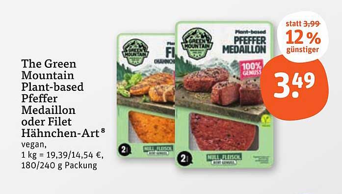 The Green Mountain Plant-based Pfeffer Medaillon oder Filet Hähnchen-Art