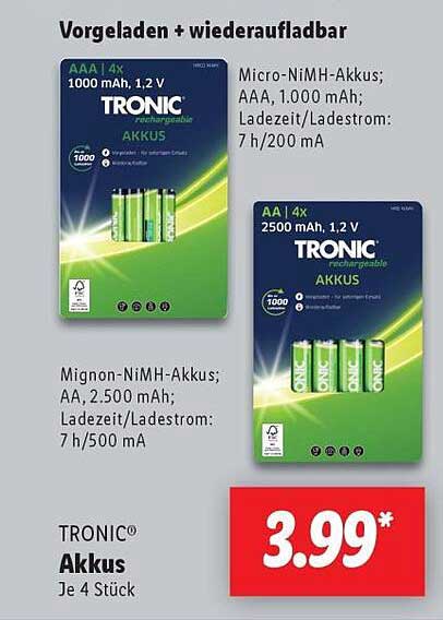TRONIC® Akkus 4 Stück - Micro- und Mignon-NiMH-Akkus