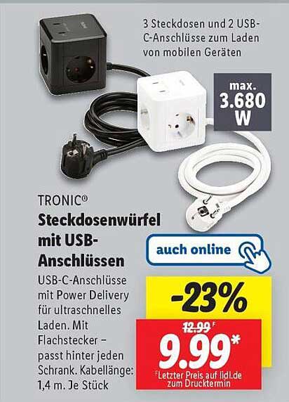 TRONIC® Steckdosenwürfel mit USB-Anschlüssen