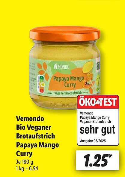 Vemondo Bio Veganer Brotaufstrich Papaya Mango Curry