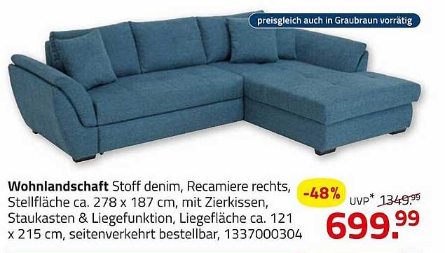 Wohnlandschaft Stoff denim, Recamiere rechts