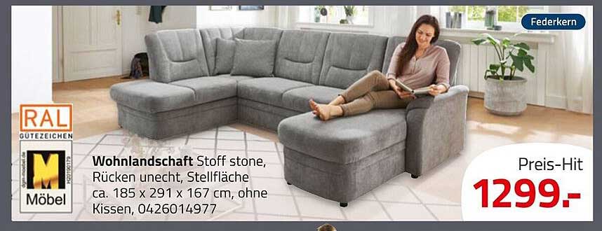 Wohnlandschaft Stoff stone, Rücken unrecht, Stellfläche ca. 185 x 291 x 167 cm, ohne Kissen