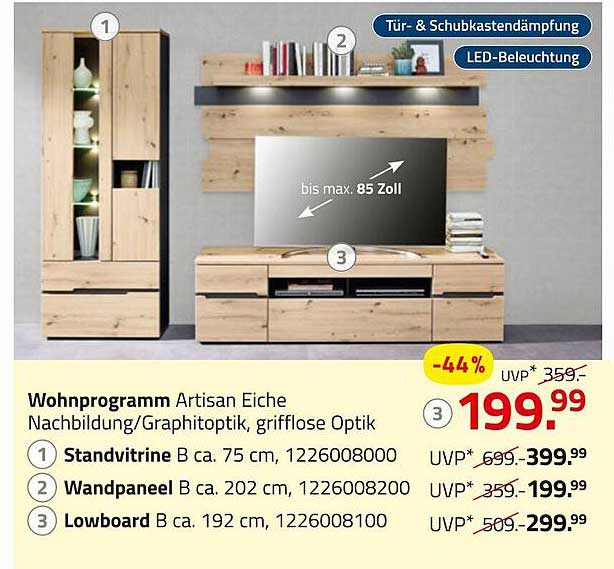 Wohnprogramm Artisan Eiche Nachbildung/Graphitoptik, griffflose Optik
