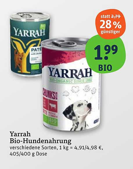 Yarrah Bio-Hundenahrung verschiedene Sorten, 1 kg = 4,91/4,98 €, 405/400 g Dose