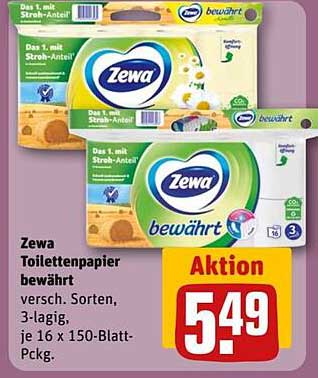 Zewa Toilettenpapier bewährt, verschiedene Sorten, 3-lagig, je 16 x 150-Blatt-Pckg.