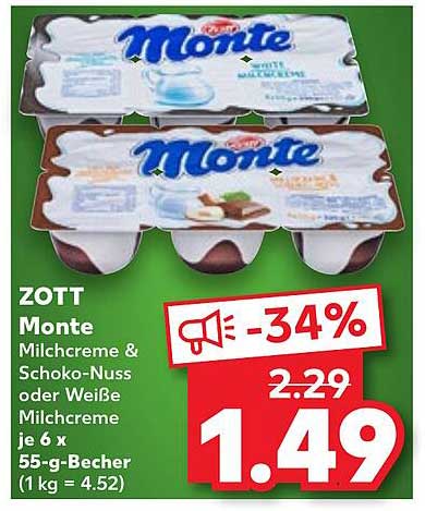 ZOTT Monte Milchcreme & Schoko-Nuss oder Weiße Milchcreme je 6 x 55-g-Becher