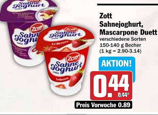 Zott Sahnejoghurt, Mascarpone Duett verschiedene Sorten 150-140 g Becher