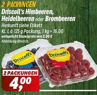 2 Packungen Driscoll's Himbeeren, Heidelbeeren oder Brombeeren