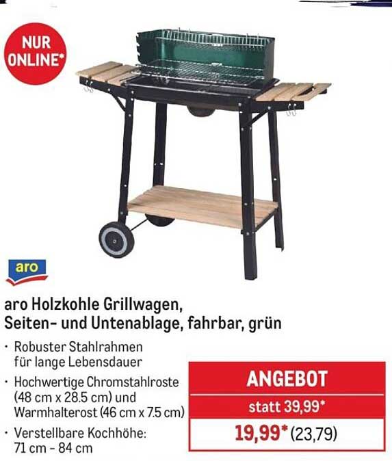 aro Holzkohle Grillwagen, Seiten- und Utenablage, fahrbar, grün