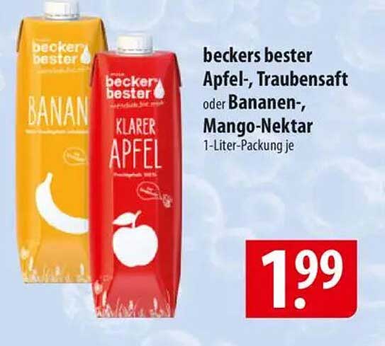 beckers bester Apfel-, Traubensaft oder Bananen-, Mango-Nektar 1-Liter-Packung je