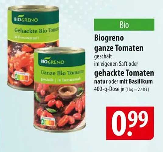 Biograno ganze Tomaten geschält im eigenen Saft oder gehackte Tomaten natur oder mit Basilikum 400-g-Dose