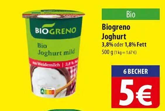 Biogreno Joghurt 3,8% oder 1,8% Fett - 6 Becher für nur 5€