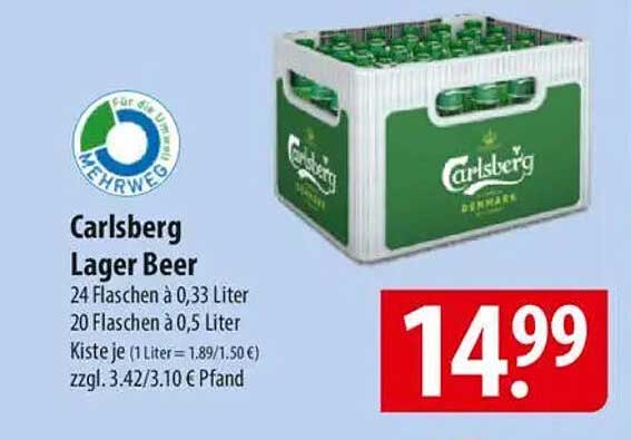 Carlsberg Lager Beer 24 Flaschen à 0,33 Liter oder 20 Flaschen à 0,5 Liter