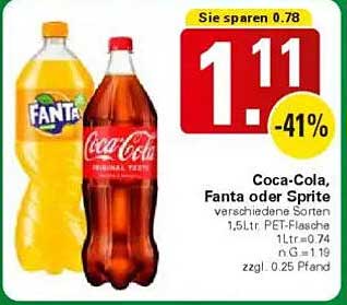 Coca-Cola, Fanta oder Sprite 1,5l PET-Flasche - Nur 1,11€!