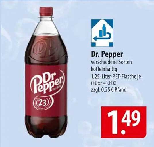 Dr. Pepper verschiedene Sorten koffeinhaltig 1,25-Liter-PET-Flasche je