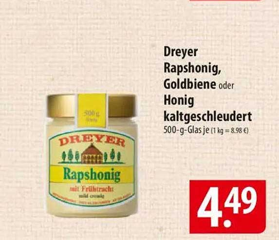 Dreyer Rapshonig, Goldbiene oder Honig kaltgeschleudert 500-g-Glas
