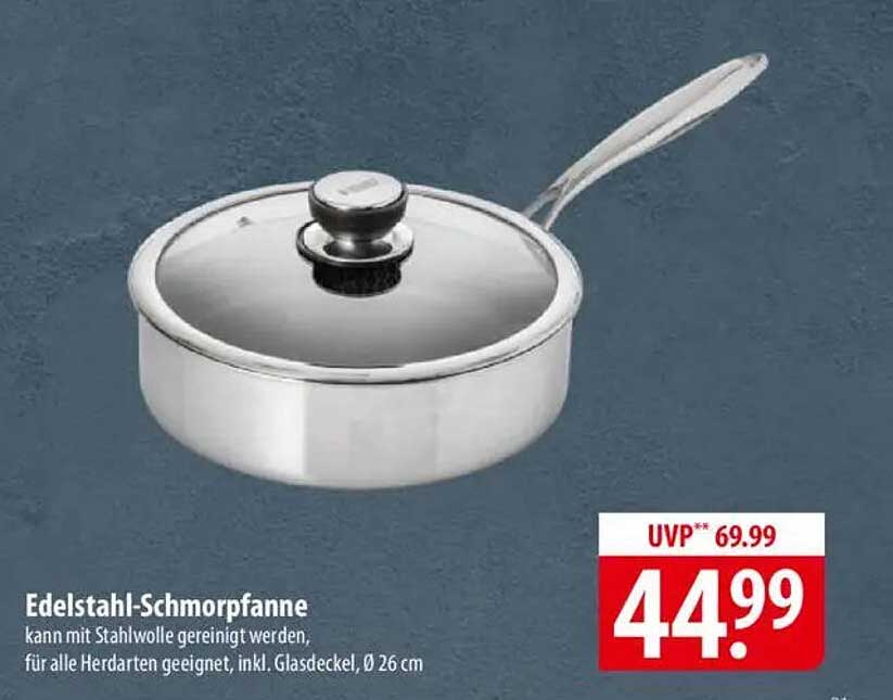 Edelstahl-Schmorpfanne, 26 cm mit Glasdeckel