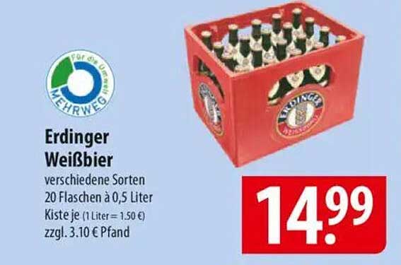 Erdinger Weißbier 20 Flaschen à 0,5 Liter Kiste
