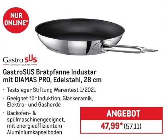 GastroSUS Bratpfanne Industar mit DIAMAS PRO, Edelstahl, 28 cm