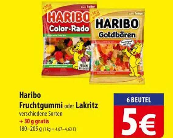 Haribo Fruchtgummi oder Lakritz verschiedene Sorten + 30 g gratis