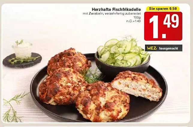Herzhafte Fischfrikadelle mit Zwiebeln, verzehrfertig zubereitet