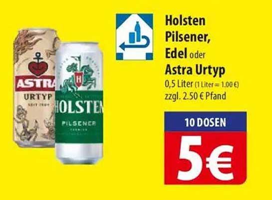 Holsten Pilsener, Edel oder Astra Urtyp - 10 Dosen für nur 5 €