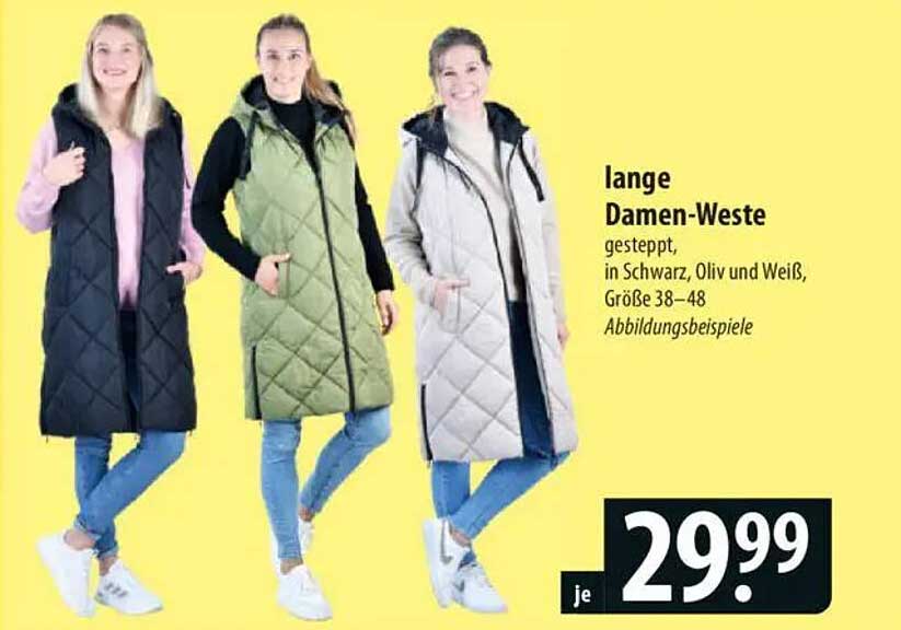 lange Damen-Weste, gesteppt, in Schwarz, Oliv und Weiß, Größe 38–48