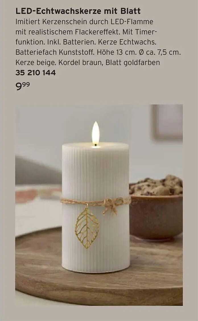 LED-Echtwachskerze mit Blatt