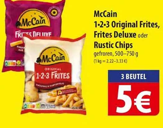 McCain 1-2-3 Original Frites, Frites Deluxe oder Rustic Chips, gefroren, 500–750 g