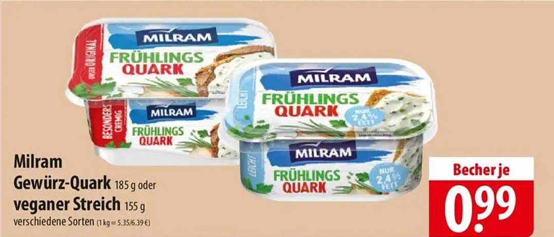 Milram Gewürz-Quark 185 g oder veganer Streich 155 g - Becher je 0,99 €