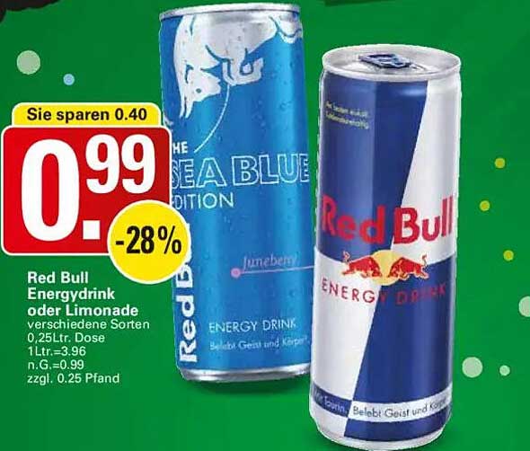 Red Bull Energydrink oder Limonade 0,25L Dose